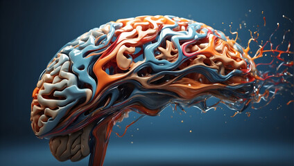  a 3D rendering of a brain, exhibiting a variety of colors and textures, with an intriguing splash of orange liquid on the right side, all set against a blue background