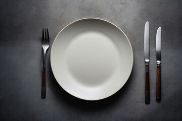 Top view of an empty plate with cutlery on a dark concrete background. Generative Ai. - obrazy, fototapety, plakaty