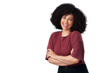 Isolated woman, afro and portrait with arms crossed, smile or excited with confidence by transparent png background. Girl, fashion model and happy with natural hair style, beauty and cosmetics