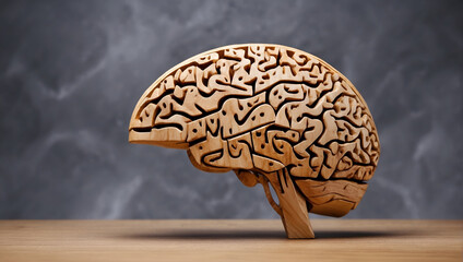 a wooden brain sculpture set against a gray background, showcasing the intricate artistry of the carving and the unique texture of the wood.