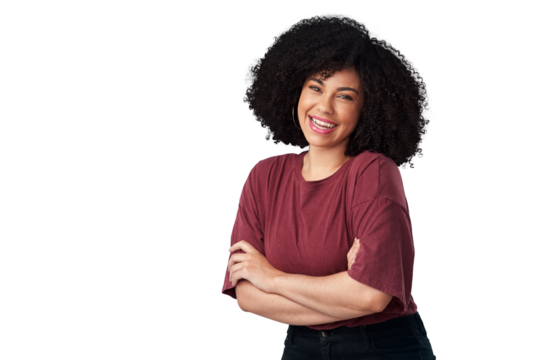 Isolated woman, afro and portrait with arms crossed, smile or excited with confidence by transparent png background. Girl, fashion model and happy with natural hair style, beauty and cosmetics