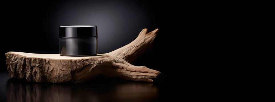 Black jar Cosmetic template cream aroma soap displayed on podium. Presentation concept. Commercial mock up. Ai generative