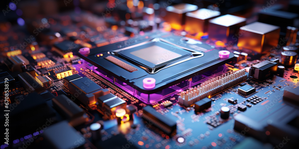 Aufkleber closeup hardware background of motherboard. circuit cpu microchip digital. ai generative illustratio