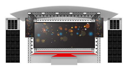 red stage and speaker with led screen on the truss system on the white background	
