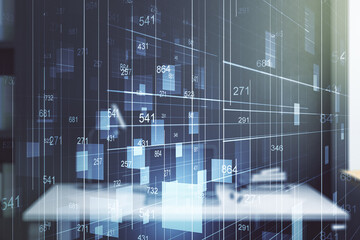 Double exposure of abstract creative statistics data hologram and modern desk with computer on background, analytics and forecasting concept