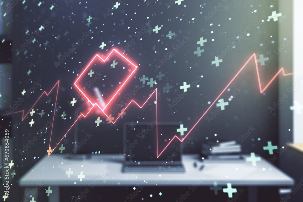 Poster Creative abstract heart rate sketch and modern desk with computer on background, Medicine and healthcare concept. Multiexposure