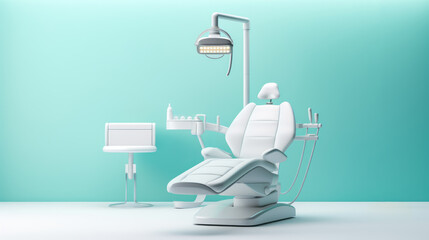 Dental chair in clinic office interior, blue wall mockup copy space template. Ai generative. - Powered by Adobe