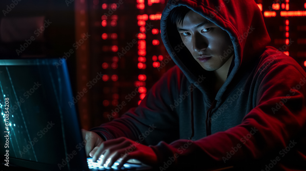 Poster portrait of hacker man in a hoodie. red blurred background. dramatic lighting. concept of data prote