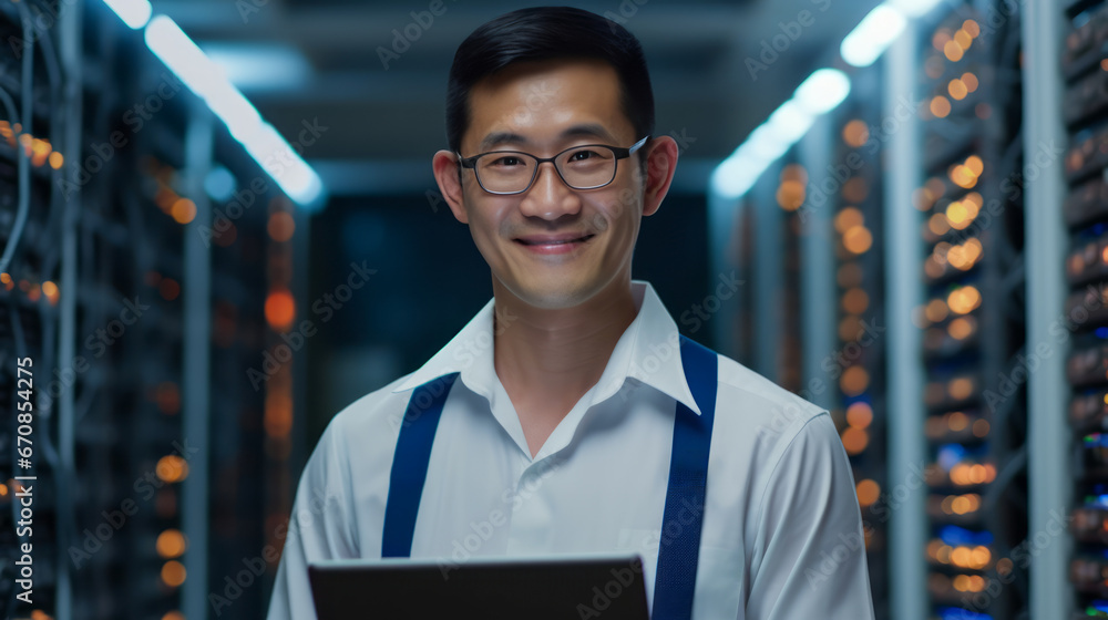 Aufkleber portrait of system engineer. internet security concept. data cloud protection network, server room b