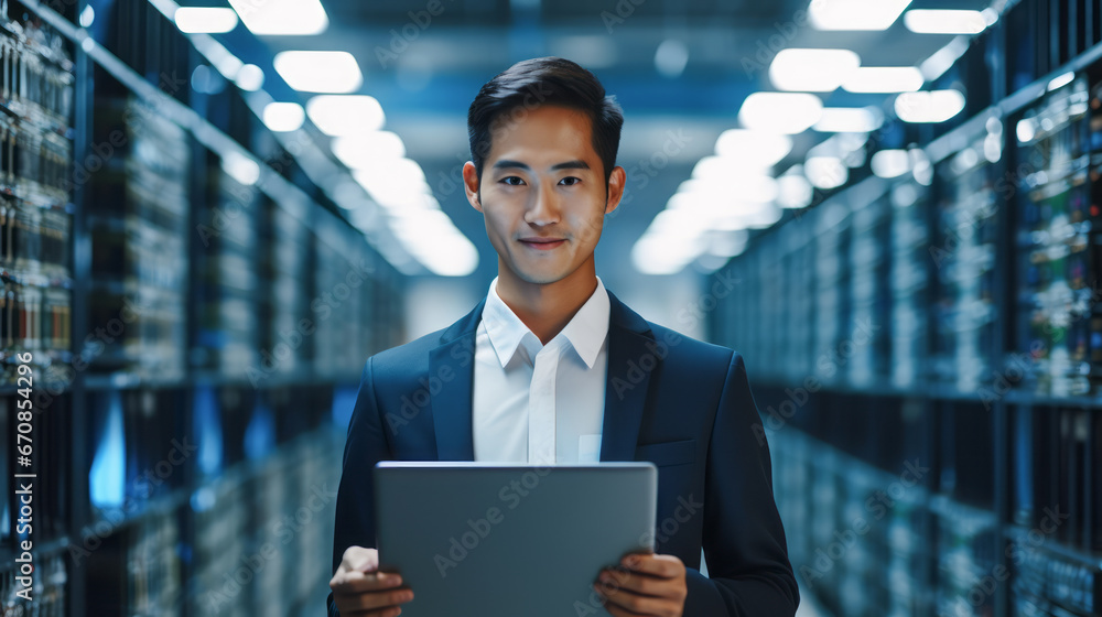 Poster portrait of system administrator engineer. internet security concept. data cloud protection network,