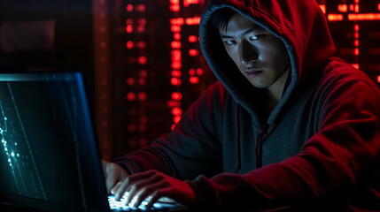 Portrait of hacker man in a hoodie. Red blurred background. Dramatic lighting. Concept of data protection. Ai generative