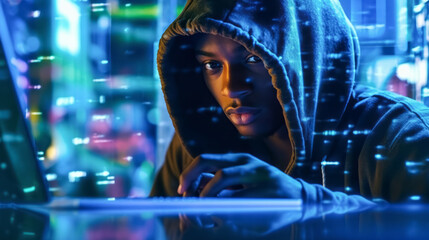 A hacker in dark room in hoodie sitting with night blurred city background. Concept of data protection. Ai generative