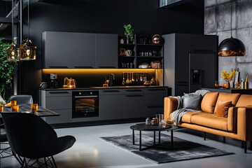 Luxury kitchen interior design with black walls, concrete floor, dark wooden countertops, black cupboards and dining table with black chairs