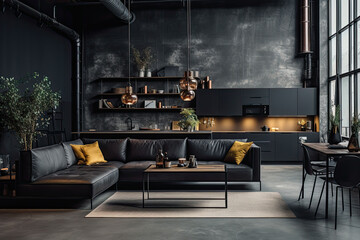 Luxury kitchen interior design with black walls, concrete floor, dark wooden countertops, black cupboards and dining table with black chairs