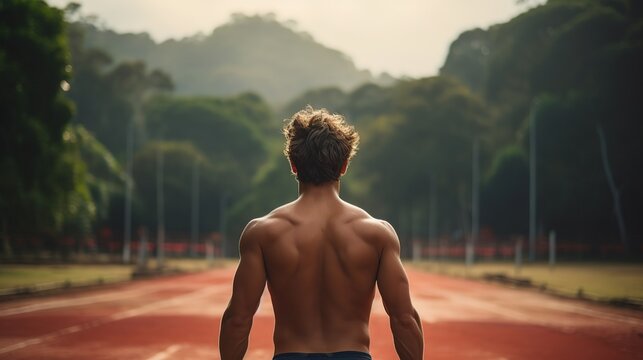 Man athlete walking back view in outdoor arena. AI generated image