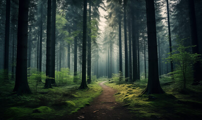 a detailed photo showing photo beautiful shot of a forest with tall green trees