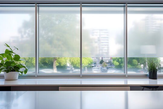 The office has an aluminum sliding window, a sliding glass window, a door with decorative glass film, and a closeup glass with a thick frosting layer that reduces visibility,