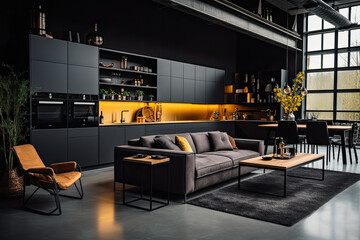 Luxury kitchen interior design with black walls, concrete floor, dark wooden countertops, black cupboards and dining table with black chairs