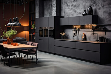 Luxury kitchen interior design with black walls, concrete floor, dark wooden countertops, black cupboards and dining table with black chairs