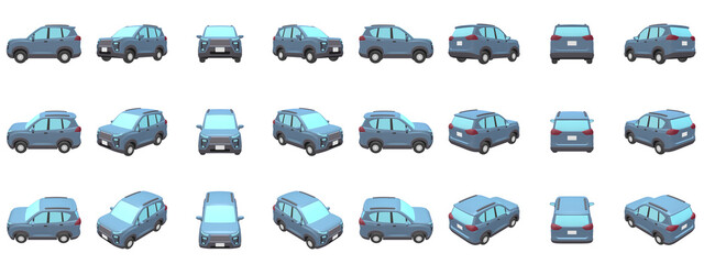 自動車のイラスト素材　デフォルメ　SUV　ブルー　24点セット