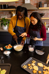 Happy diverse couple baking christmas cookies using tablet in kitchen, copy space