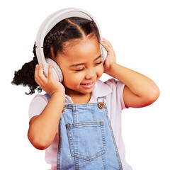 Music headphones, happy and kid listening isolated on a transparent png background. Radio, smile...
