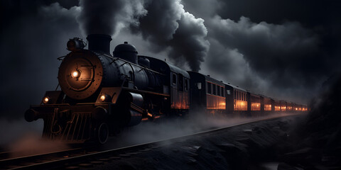 Fototapeta na wymiar A black train with a black smoke billowing from the top. Vintage black steam locomotive train. AI Generative