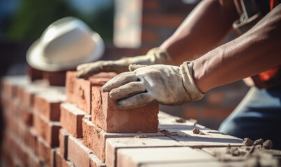 close up of a worker's hands putting red bricks on a wall