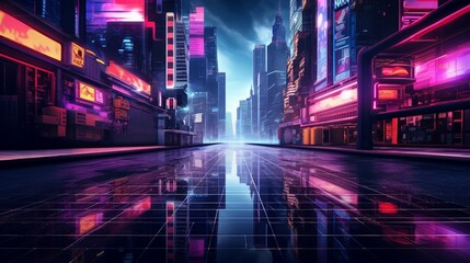 Fototapeta na wymiar symmetric Vivid Neon Cityscapes: 90s Cyberpunk Vibe with reflaction