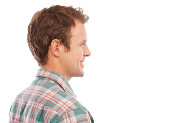 Happy, profile of man and thinking of future with confidence, happiness and vision on isolated, transparent or png background. Smile on face, businessman and idea for business or mindset of success