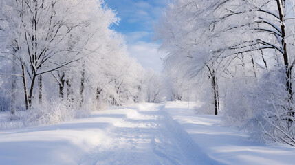  冬の風景、雪が積もる道、自然の景色