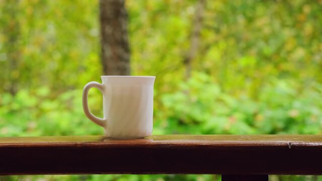 Close-up hot cup of coffee in the garden at the morning time. Steam above the mug on blurred nature background.