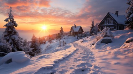 A small, cozy, homely house in a village surrounded by a snow-covered landscape of beautiful nature...