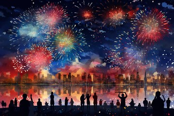 Obraz premium Silhouettes of people celebrating new year with fireworks background