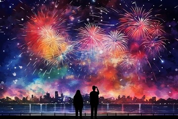 Fototapeta na wymiar Silhouettes of people celebrating new year with fireworks background