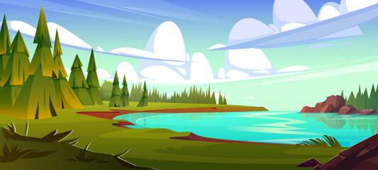 River landscape with green forest. Vector cartoon illustration of beautiful natural background, evergreen fir trees and stones near lake water with reflection on clear surface, clouds in sunny sky