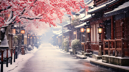 雪景色、日本的な古都の冬の風景 - obrazy, fototapety, plakaty