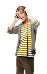 Man, excited and singing to headphones with happiness in png or isolated and transparent background. Music, tech and guy with listening to song on radio with streaming for entertainment with audio.