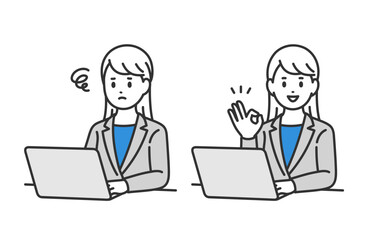 パソコンを見て悩む･OKポーズをするビジネスパーソン女性のセット【人物ベクターイラスト素材】