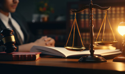 concept of justice and law Judge in courtroom on wooden table and consultant or lawyer working in office - obrazy, fototapety, plakaty