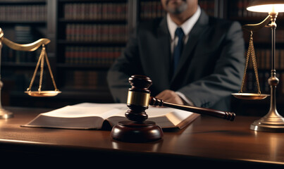 concept of justice and law Judge in courtroom on wooden table and consultant or lawyer working in office