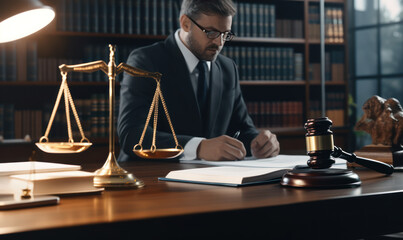 concept of justice and law Judge in courtroom on wooden table and consultant or lawyer working in office
