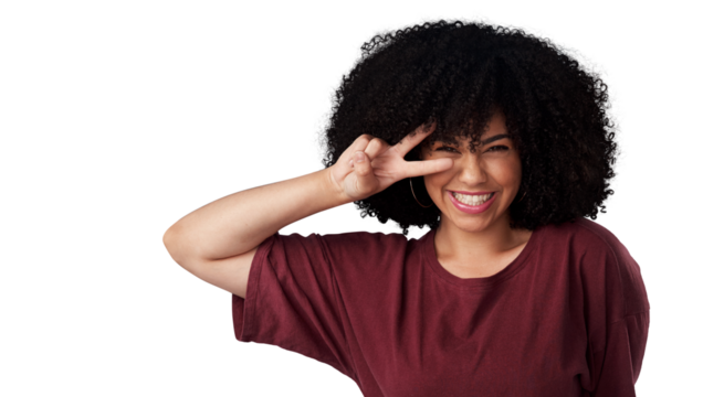 Smile, portrait and woman with peace sign for success isolated on a transparent png background. Face, v hand gesture and happy African model with emoji for achievement, victory and vote for winner.