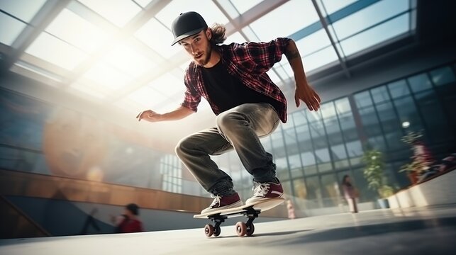 Close up cool Skater Riding On Skateboard in indoors arena. AI generated image