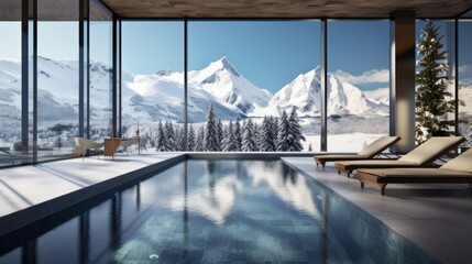 Swimming pool with panoramic windows in an ecological chalet hotel at an alpine ski resort overlooking the snowy landscape and mountains.