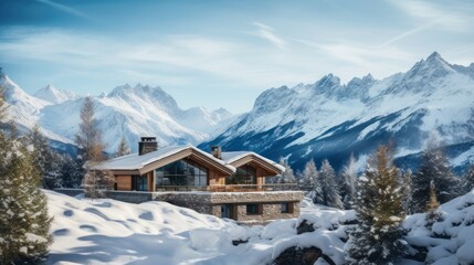 Winter mountains and forest at a ski resort and in a luxury eco hotel, chalet during vacation and winter holidays. - obrazy, fototapety, plakaty
