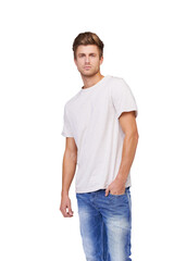 Portrait, fashion and confident man in jeans isolated on a transparent png background. Serious, style and person with hands in pocket, casual clothes and trendy tshirt for cool aesthetic in Australia