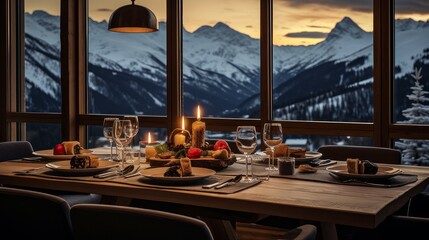 Dinner or breakfast in a restaurant with panoramic windows in an ecological chalet hotel in an Alpine ski resort overlooking the snowy landscape and mountains. - obrazy, fototapety, plakaty