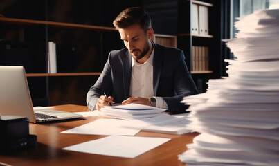 Employee stressed with business paperwork