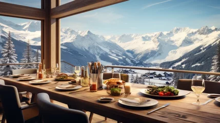 Fotobehang Dinner or breakfast in a restaurant with panoramic windows in an ecological chalet hotel in an Alpine ski resort overlooking the snowy landscape and mountains. © ALA